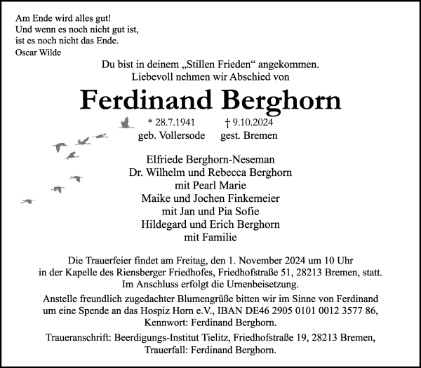 Traueranzeige von Ferdinand Berghorn von WESER-KURIER