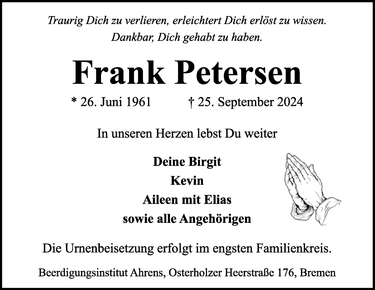 Traueranzeige von Frank Petersen von WESER-KURIER