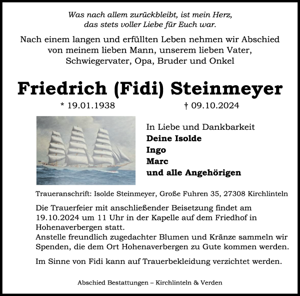 Traueranzeige von Friedrich Steinmeyer von WESER-KURIER