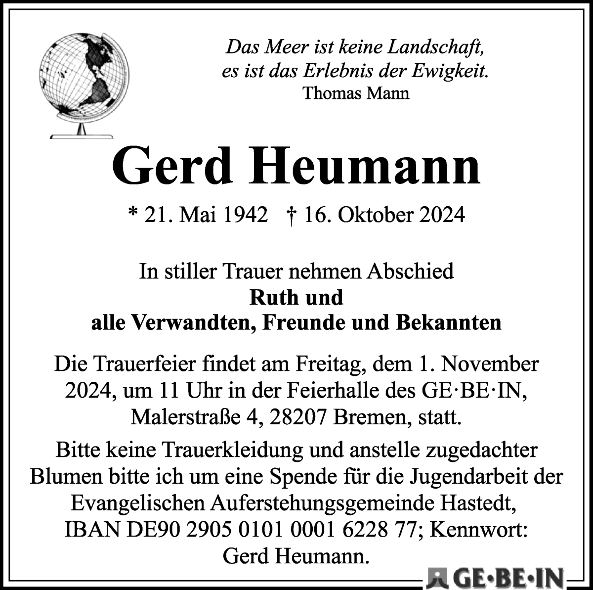 Traueranzeige von Gerd Heumann von WESER-KURIER