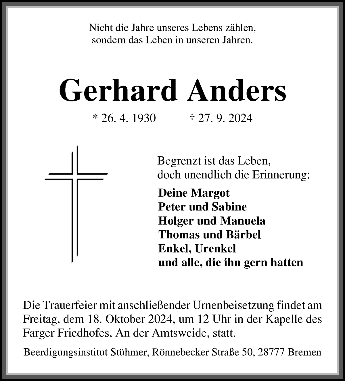 Traueranzeige von Gerhard Anders von Die Norddeutsche