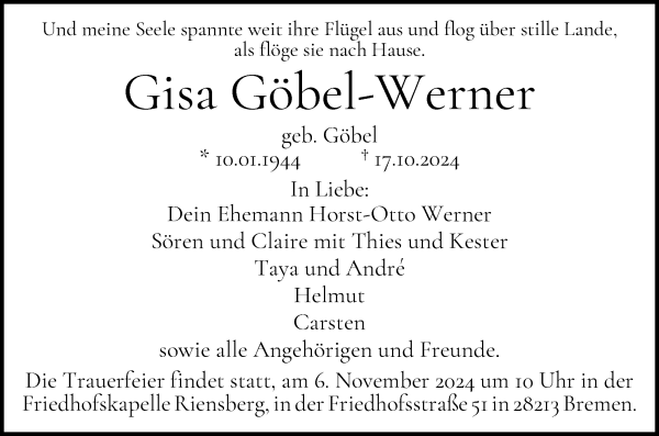 Traueranzeige von Gisa Göbel-Werner von WESER-KURIER