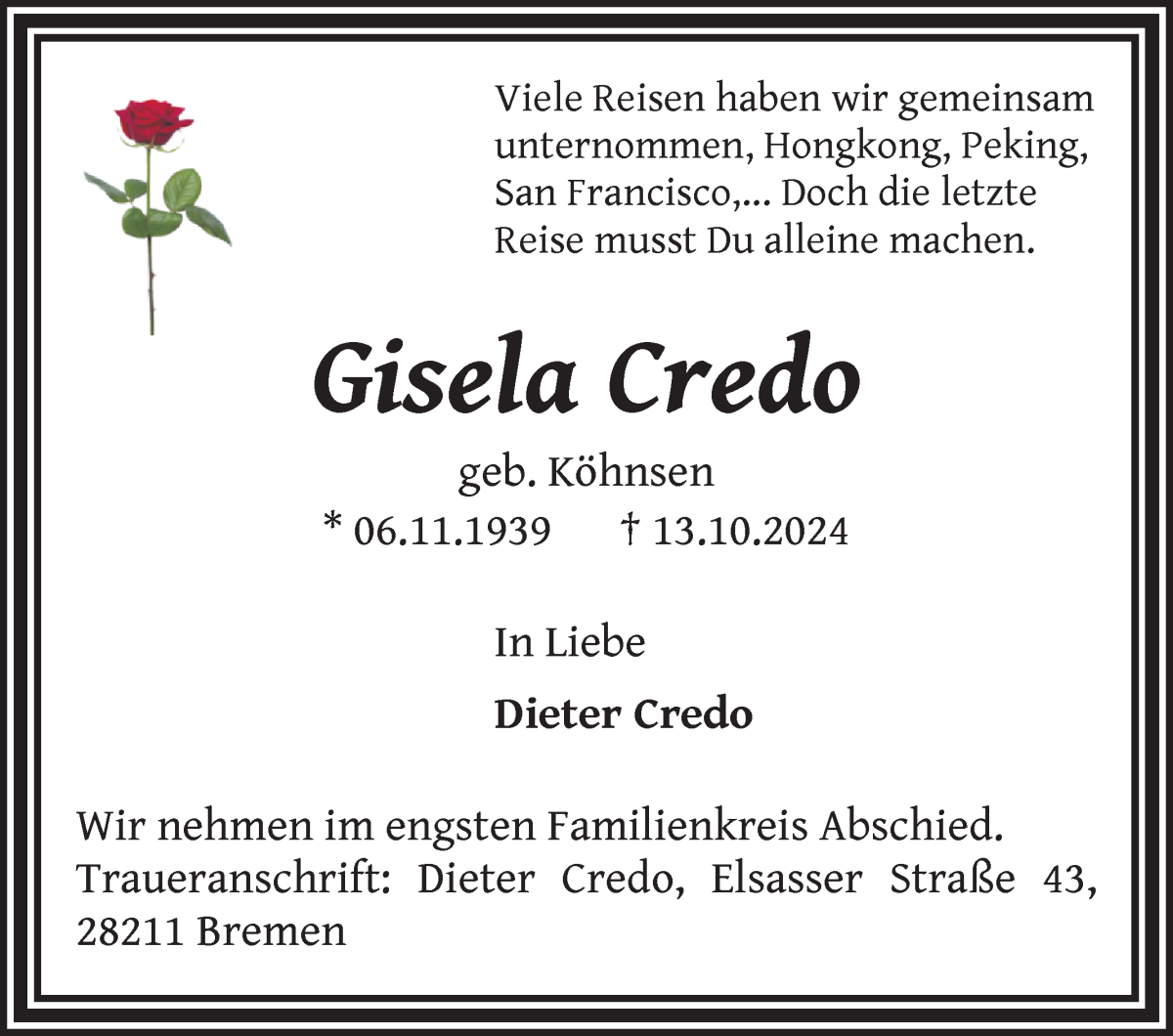 Traueranzeige von Gisela Credo von WESER-KURIER