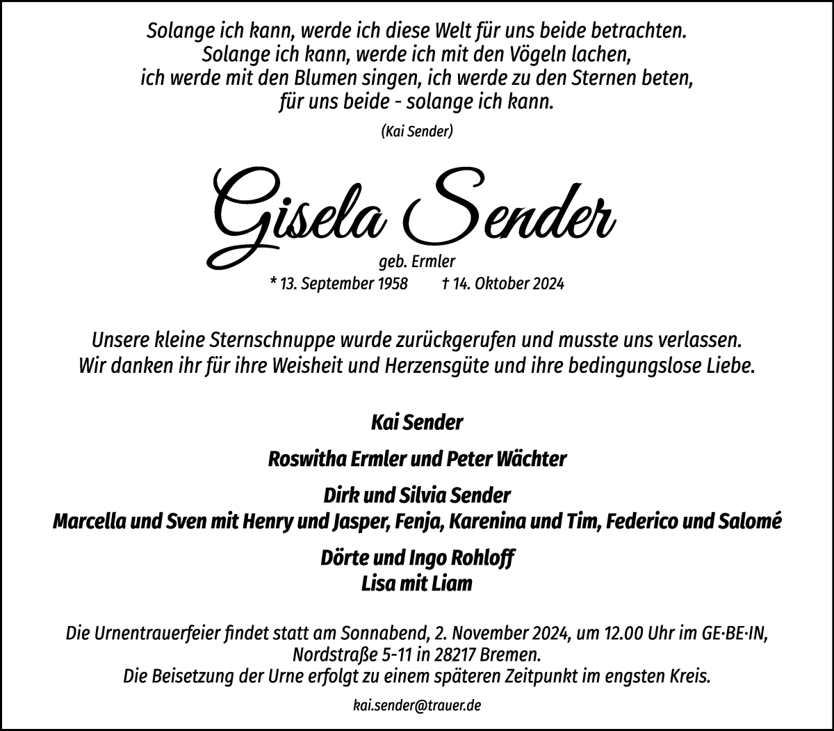 Traueranzeige von Gisela Sender von WESER-KURIER