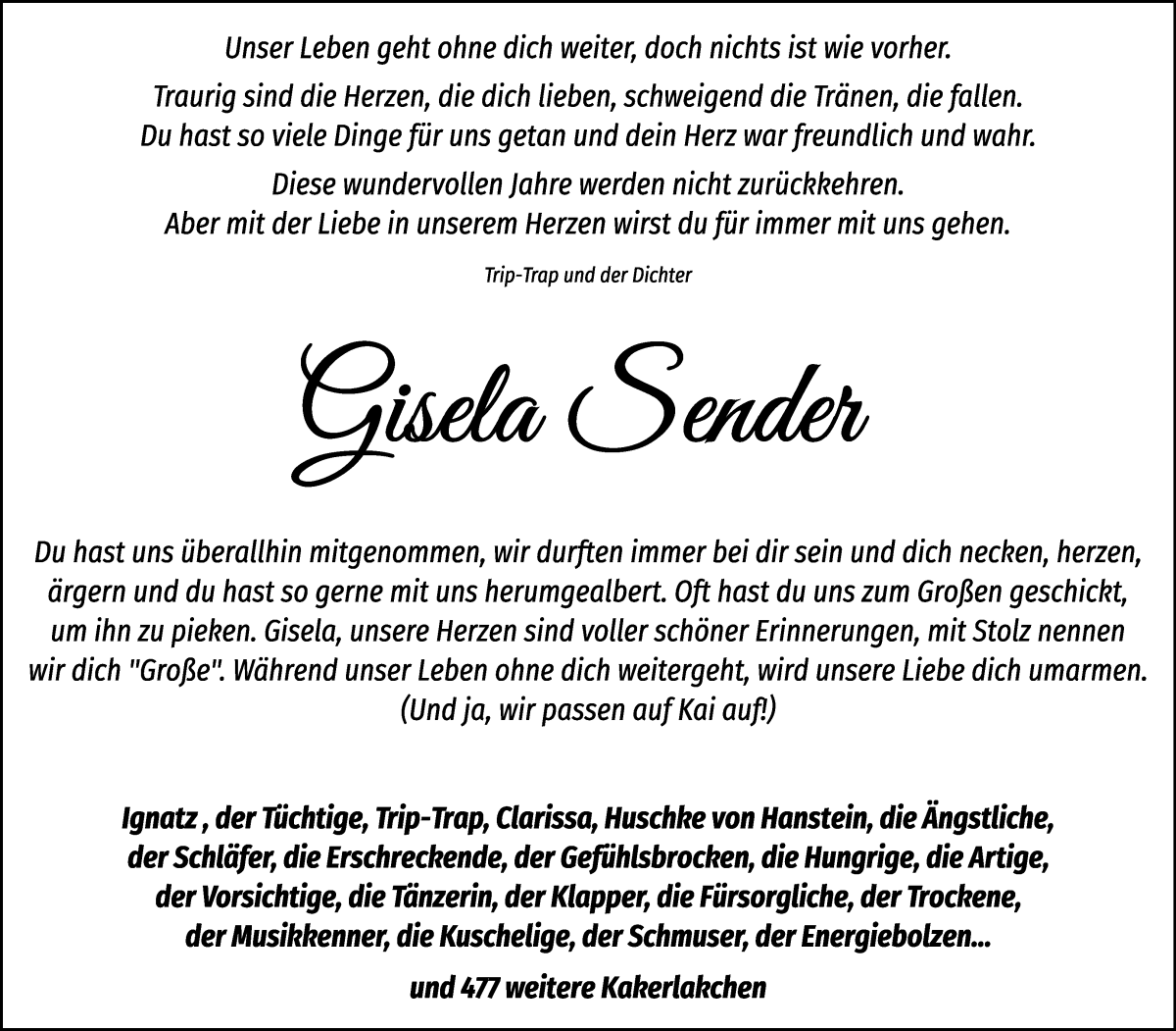 Traueranzeige von Gisela Sender von WESER-KURIER