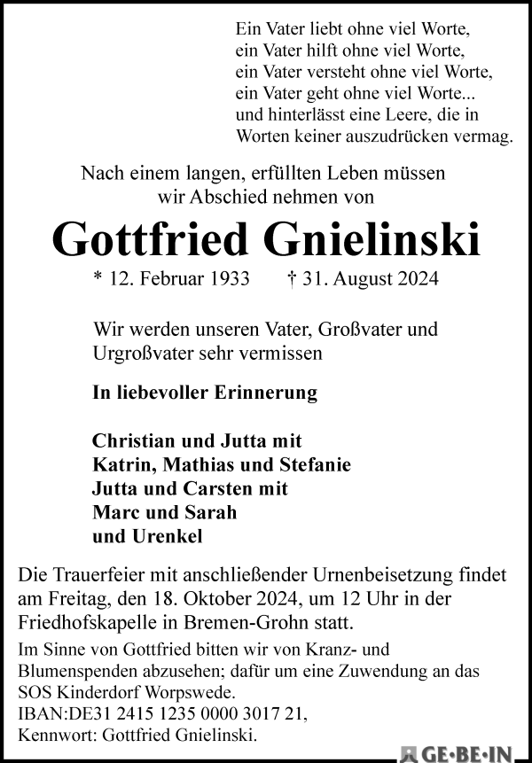 Traueranzeige von Gottfried Gnielinski von Die Norddeutsche