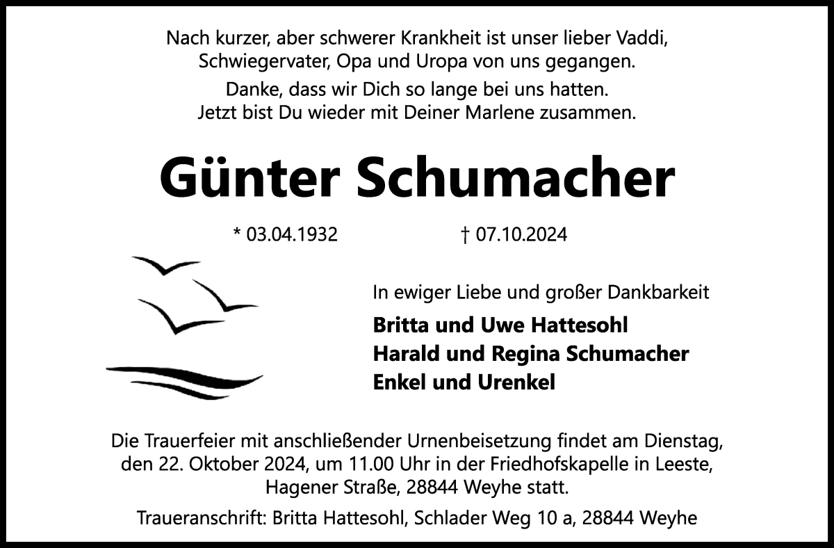 Traueranzeige von Günter Schumacher von WESER-KURIER