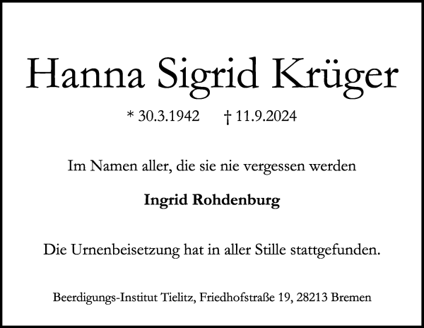 Traueranzeige von Hanna Sigrid Krüger von WESER-KURIER