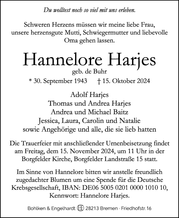 Traueranzeige von Hannelore Harjes von WESER-KURIER