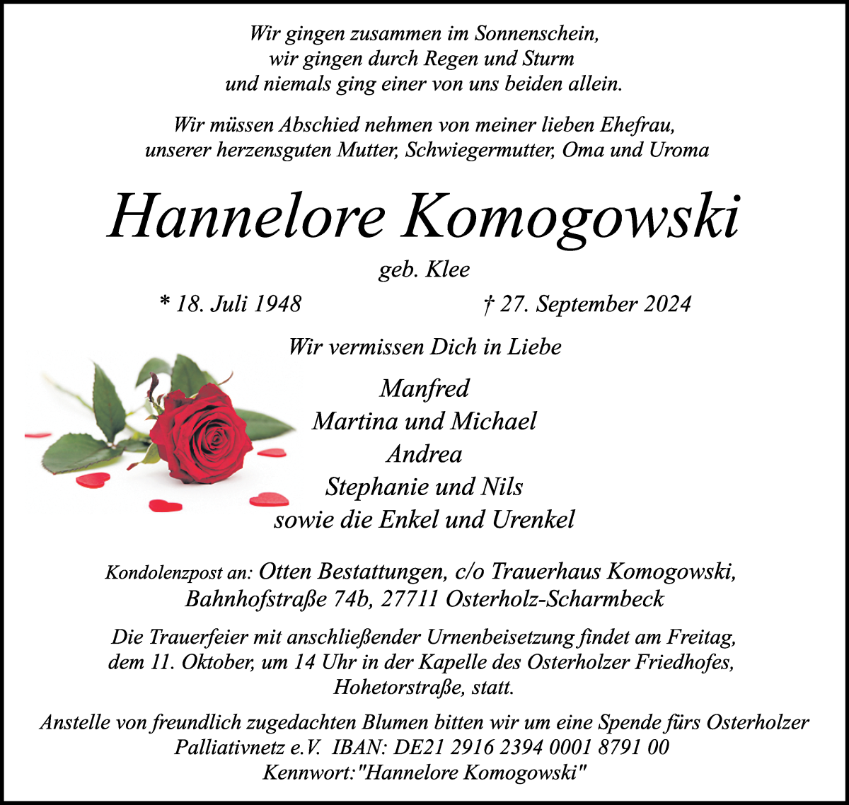 Traueranzeige von Hannelore Komogowski von Osterholzer Kreisblatt