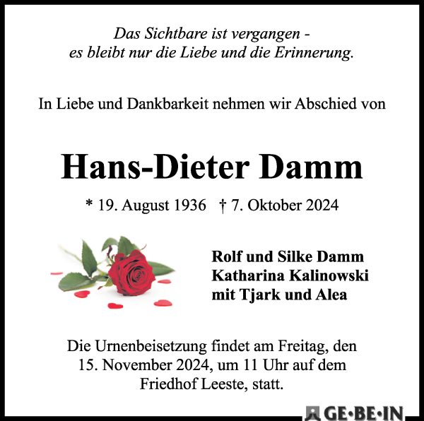 Traueranzeige von Hans-Dieter Damm von WESER-KURIER