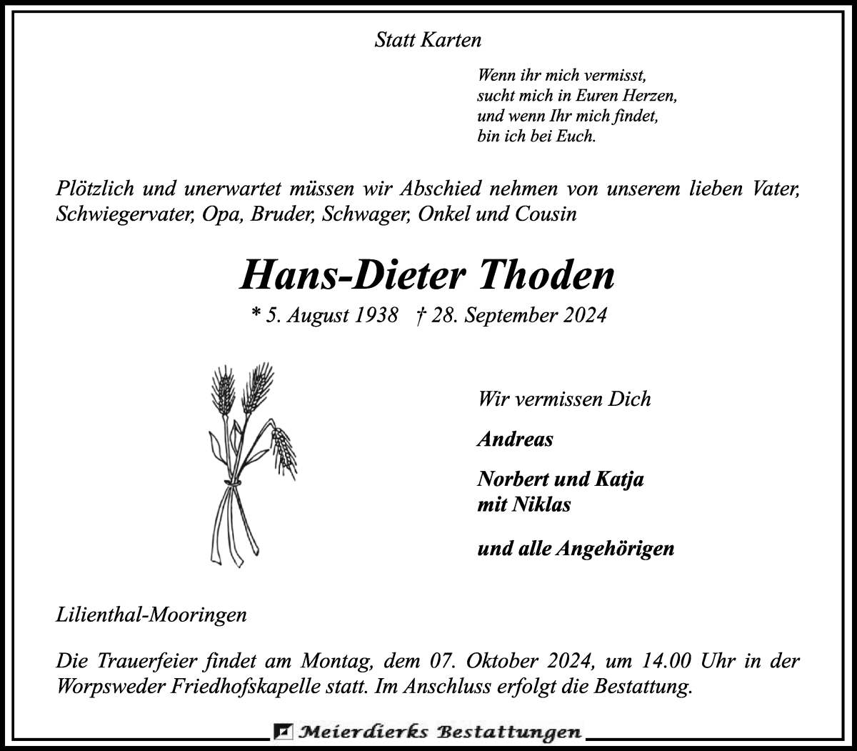 Traueranzeige von Hans-Dieter Thoden von Wuemme Zeitung