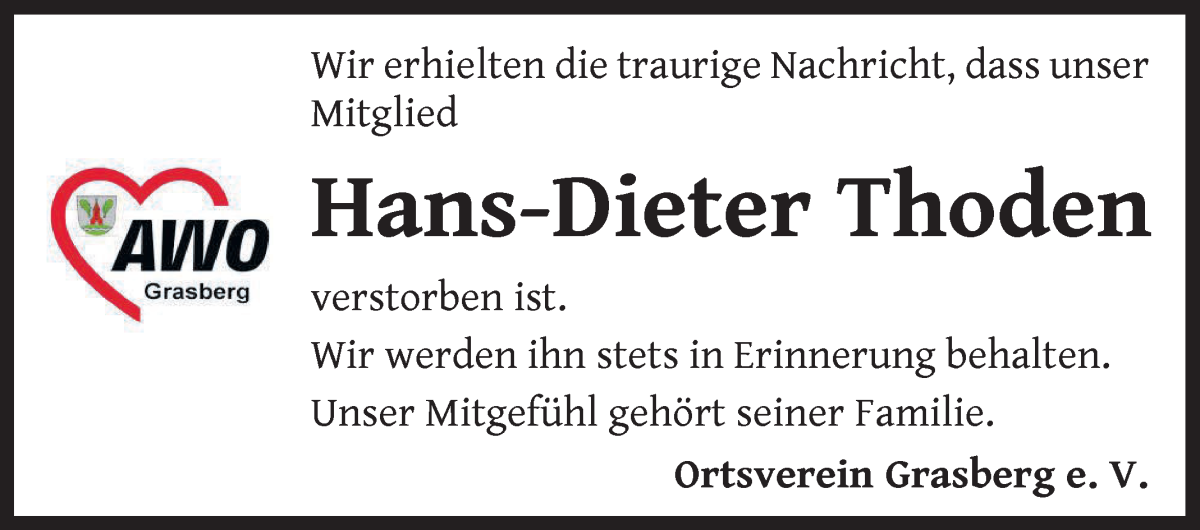 Traueranzeige von Hans-Dieter Thoden von Wuemme Zeitung