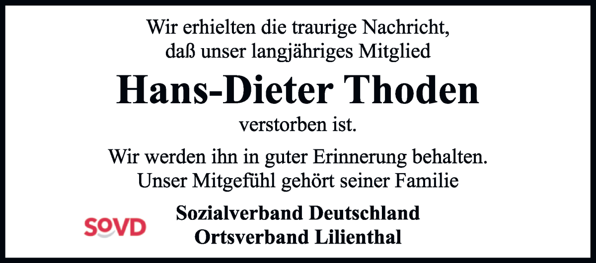 Traueranzeige von Hans-Dieter Thoden von Wuemme Zeitung