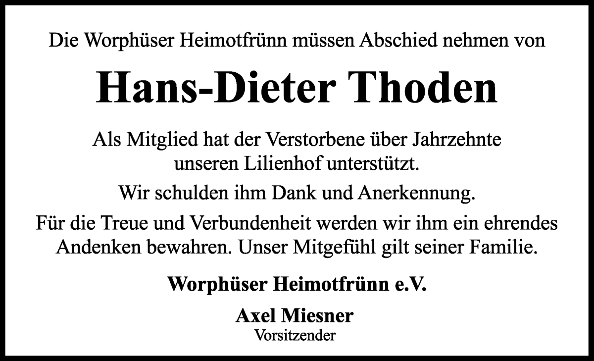 Traueranzeige von Hans-Dieter Thoden von Wuemme Zeitung