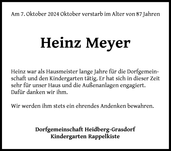 Traueranzeige von Heinz Meyer von Wuemme Zeitung