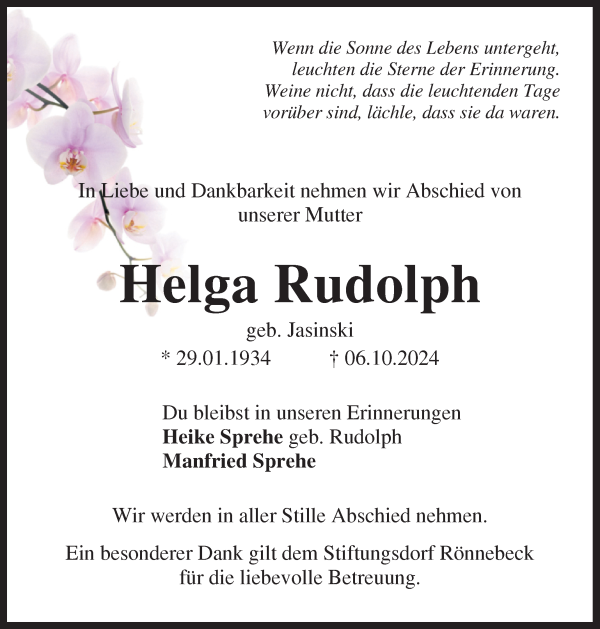 Traueranzeige von Helga Rudolph von Die Norddeutsche