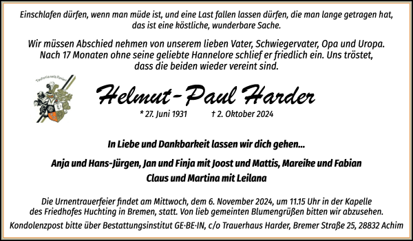 Traueranzeige von Helmut-Paul Harder von WESER-KURIER