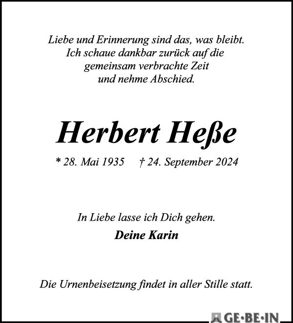 Traueranzeige von Herbert Heße von WESER-KURIER