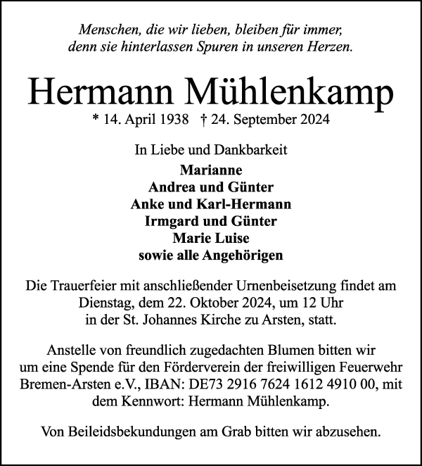 Traueranzeige von Herman Mühlenkamp von WESER-KURIER