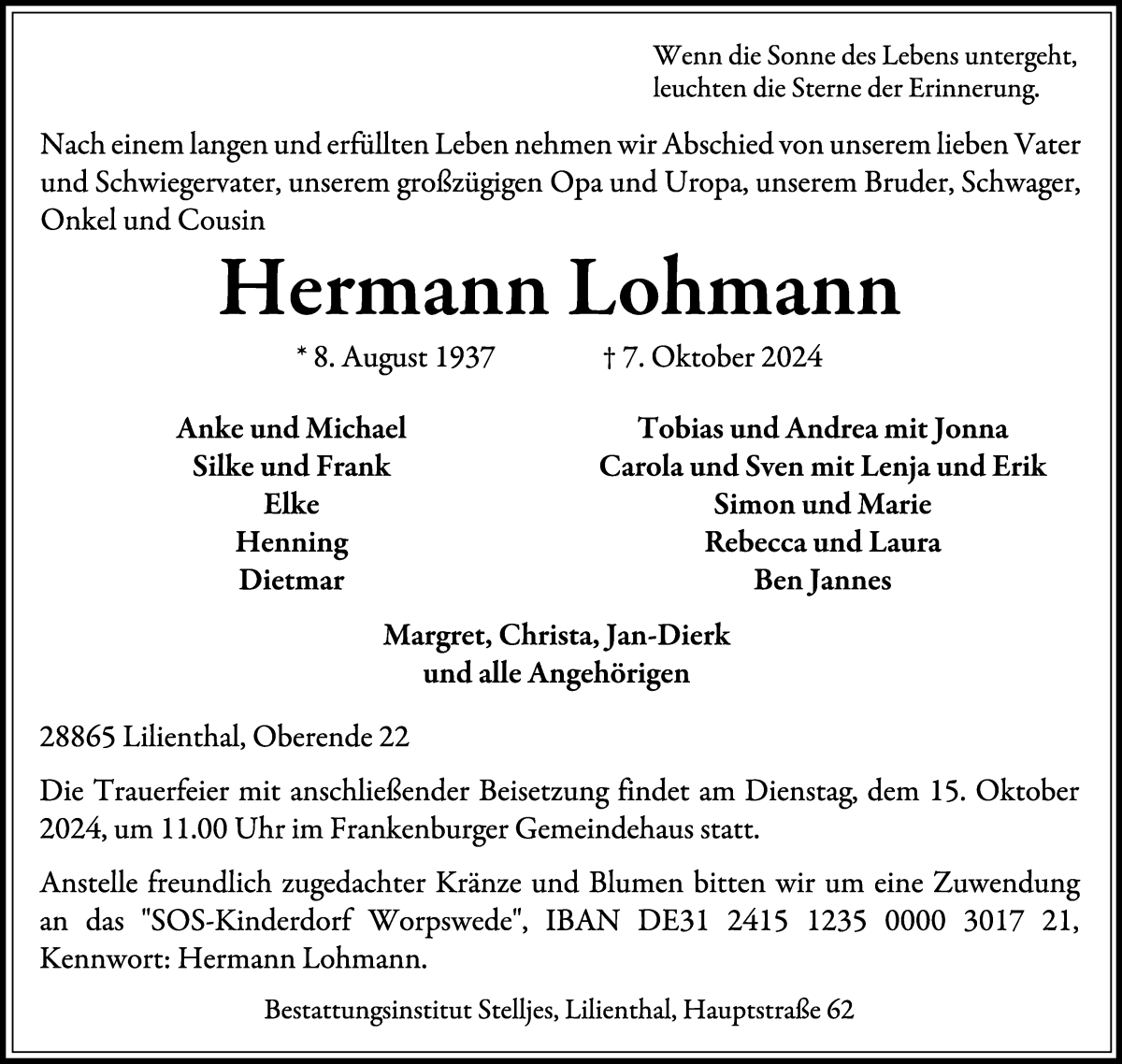 Traueranzeige von Hermann Lohmann von Wuemme Zeitung