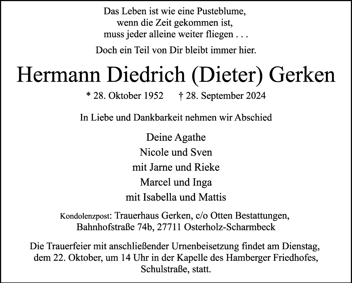 Traueranzeige von Hermann Diedrich Gerken von Osterholzer Kreisblatt