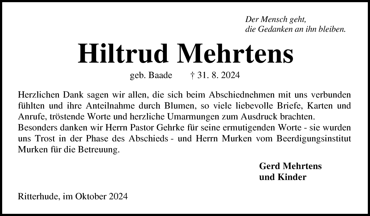 Traueranzeige von Hiltrud Mehrtens von Osterholzer Kreisblatt