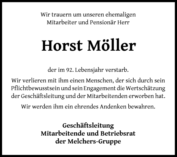 Traueranzeige von Horst Möller von WESER-KURIER