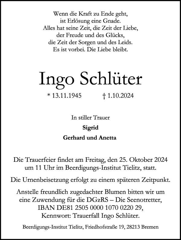 Traueranzeige von Ingo Schlüter von WESER-KURIER