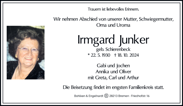 Traueranzeige von Irmgard Junker von WESER-KURIER