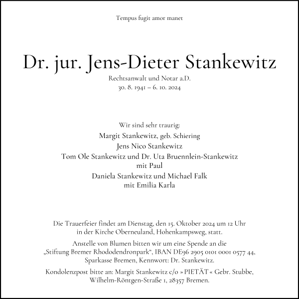 Traueranzeige von Jens-Dieter Stankewitz von WESER-KURIER