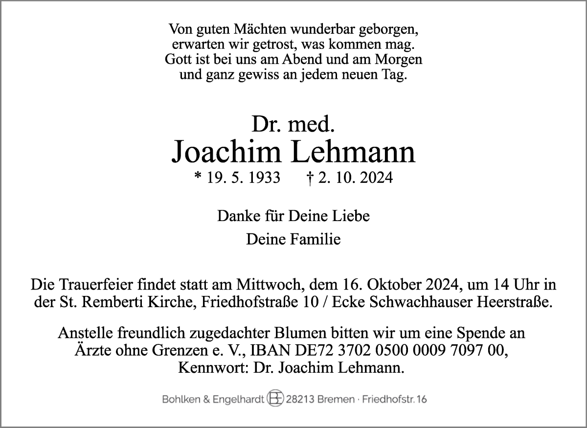 Traueranzeige von Joachim Lehmann von WESER-KURIER