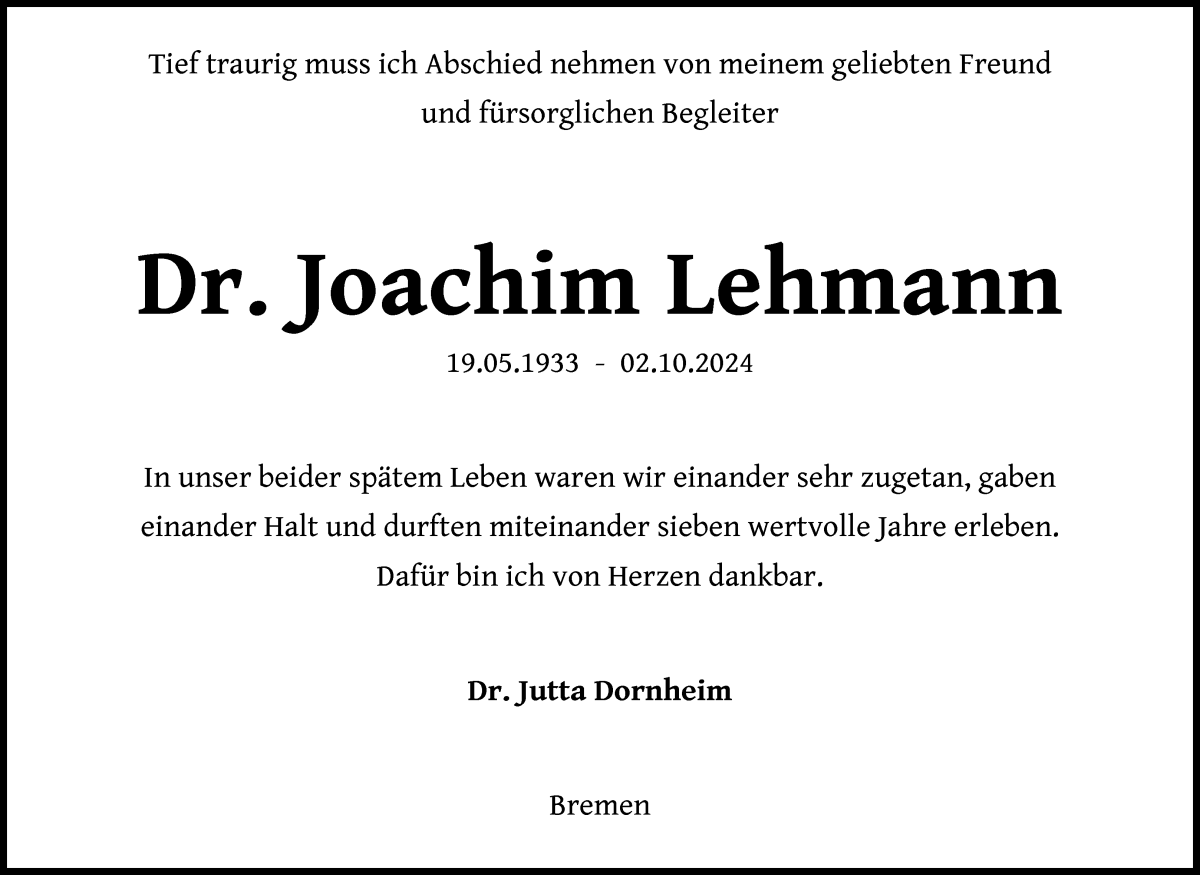 Traueranzeige von Joachim Lehmann von WESER-KURIER