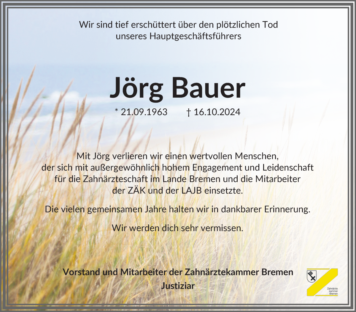  Traueranzeige für Jörg Bauer vom 26.10.2024 aus WESER-KURIER