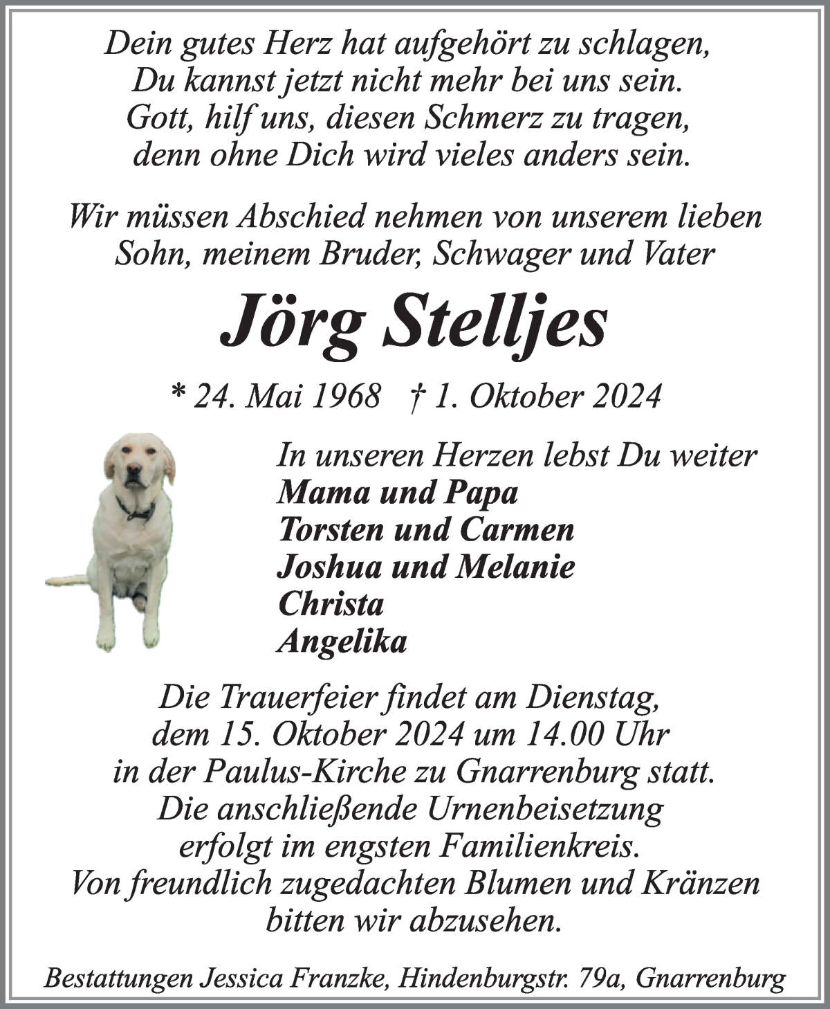 Traueranzeige von Jörg Stelljes von Osterholzer Kreisblatt