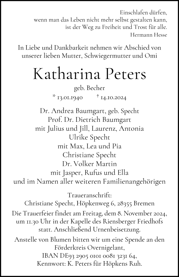 Traueranzeige von Katharina Peters von WESER-KURIER