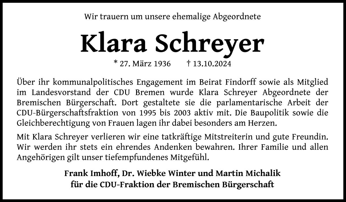 Traueranzeige von Klara Schreyer von WESER-KURIER