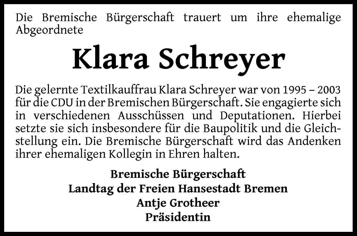 Traueranzeige von Klara Schreyer von WESER-KURIER