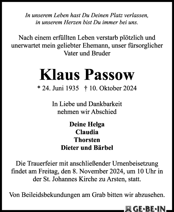 Traueranzeige von Klaus Passow von WESER-KURIER