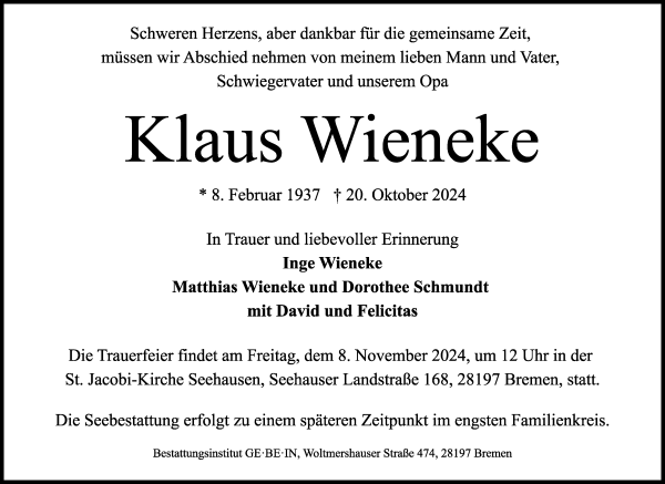 Traueranzeige von Klaus Wieneke von WESER-KURIER