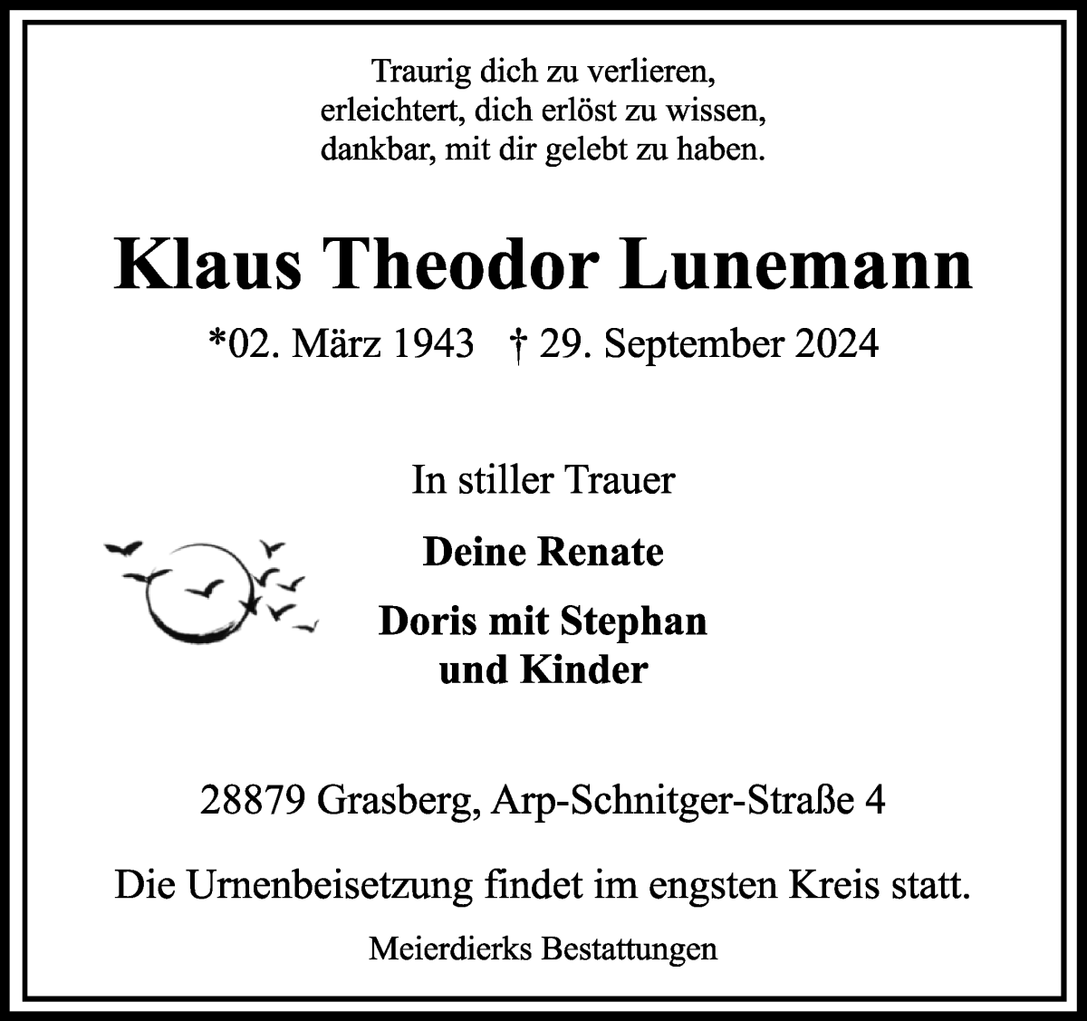 Traueranzeige von Klaus Theodor Lunemann von Wuemme Zeitung