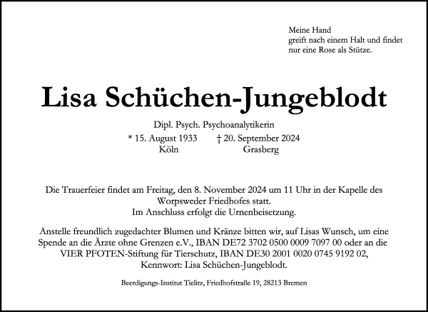 Traueranzeige von Lisa Schüchen-Jungeblodt von Wuemme Zeitung