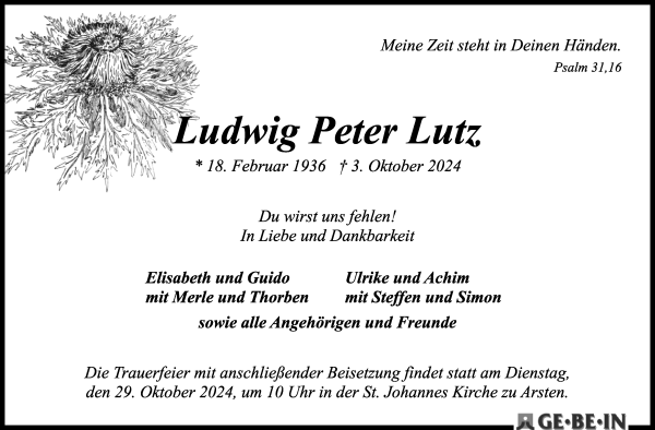 Traueranzeige von Ludwig Peter Lutz von WESER-KURIER