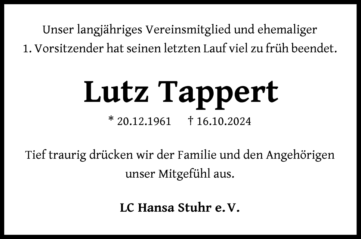  Traueranzeige für Lutz Tappert vom 26.10.2024 aus WESER-KURIER