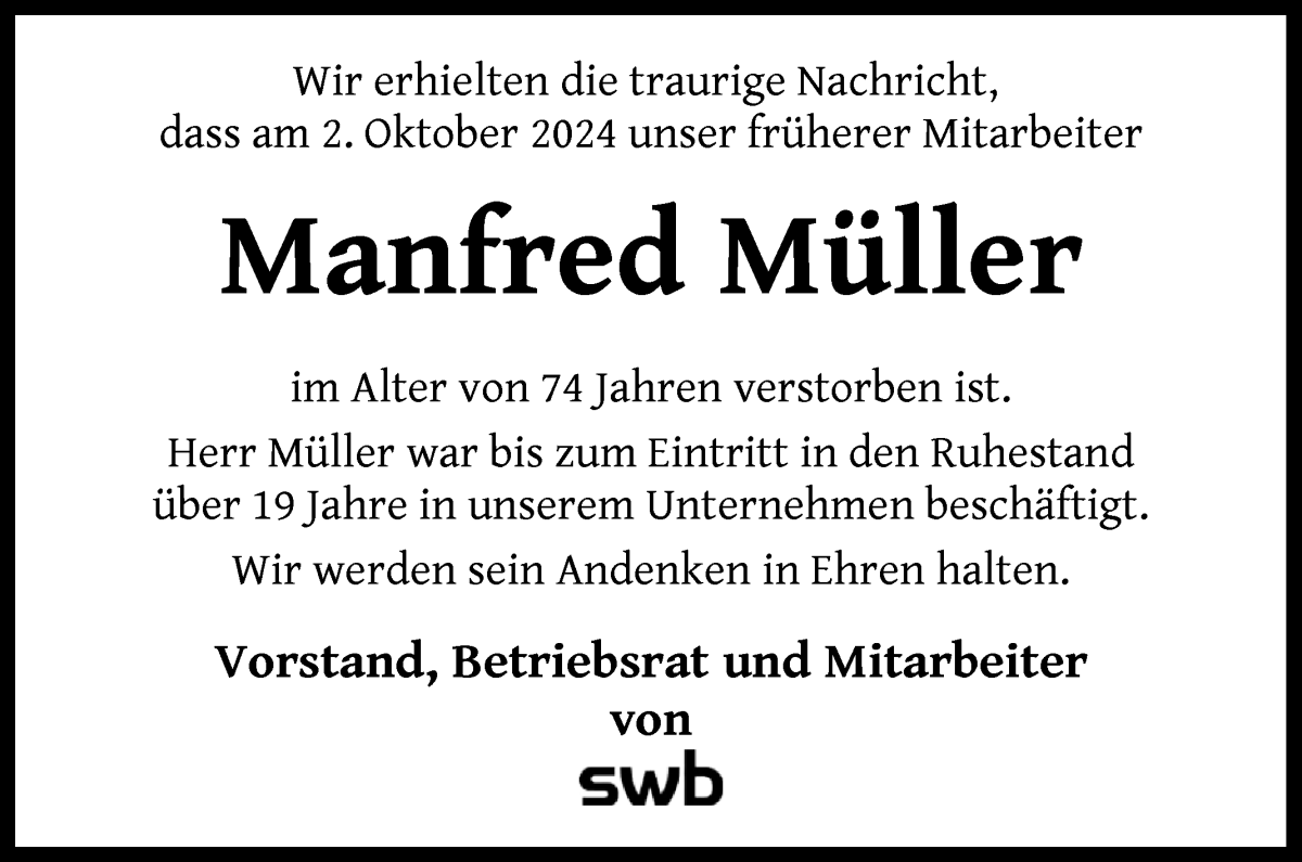 Traueranzeige von Manfred Müller von WESER-KURIER