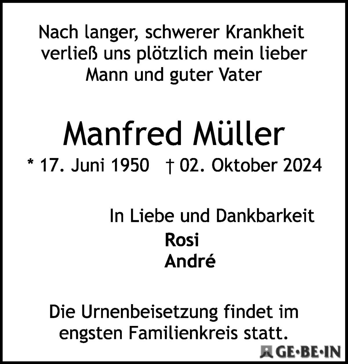 Traueranzeige von Manfred Müller von WESER-KURIER