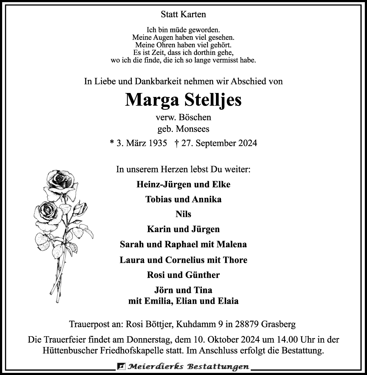 Traueranzeige von Marga Stelljes von Wuemme Zeitung