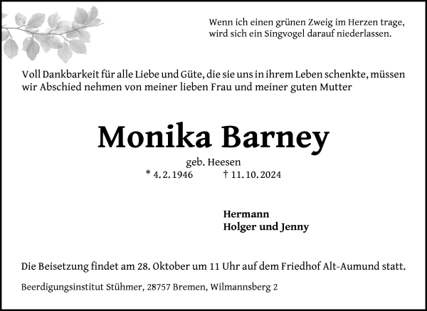 Traueranzeige von Monika Barney von Die Norddeutsche