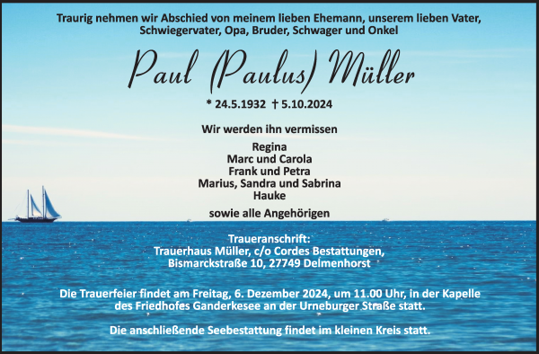 Traueranzeige von Paul (Paulus) Müller von WESER-KURIER