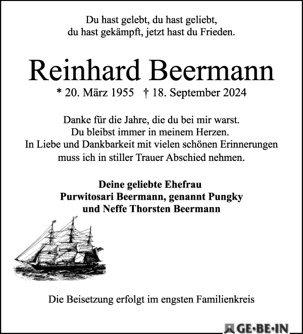 Traueranzeige von Reinhard Beermann von WESER-KURIER